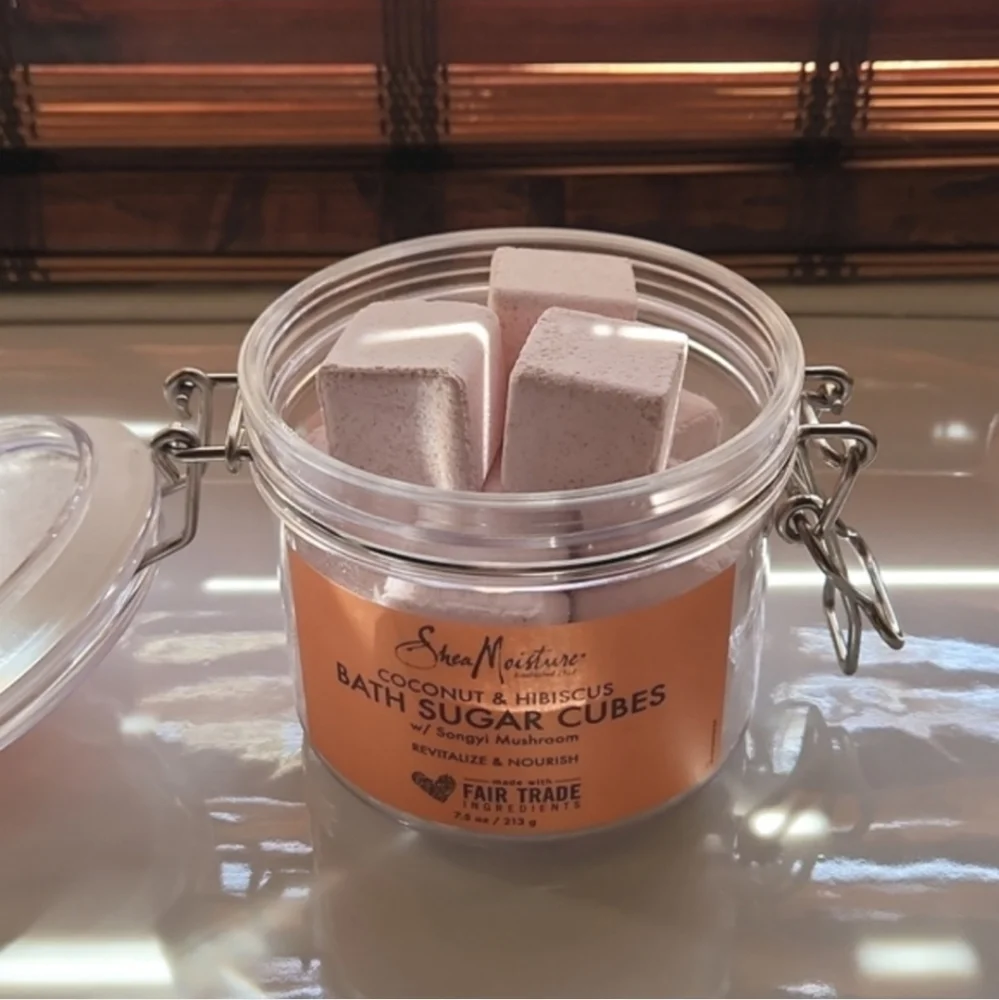 Fair Trade Shea moisture coconut and hibiscus bath cube sugar, songi mush